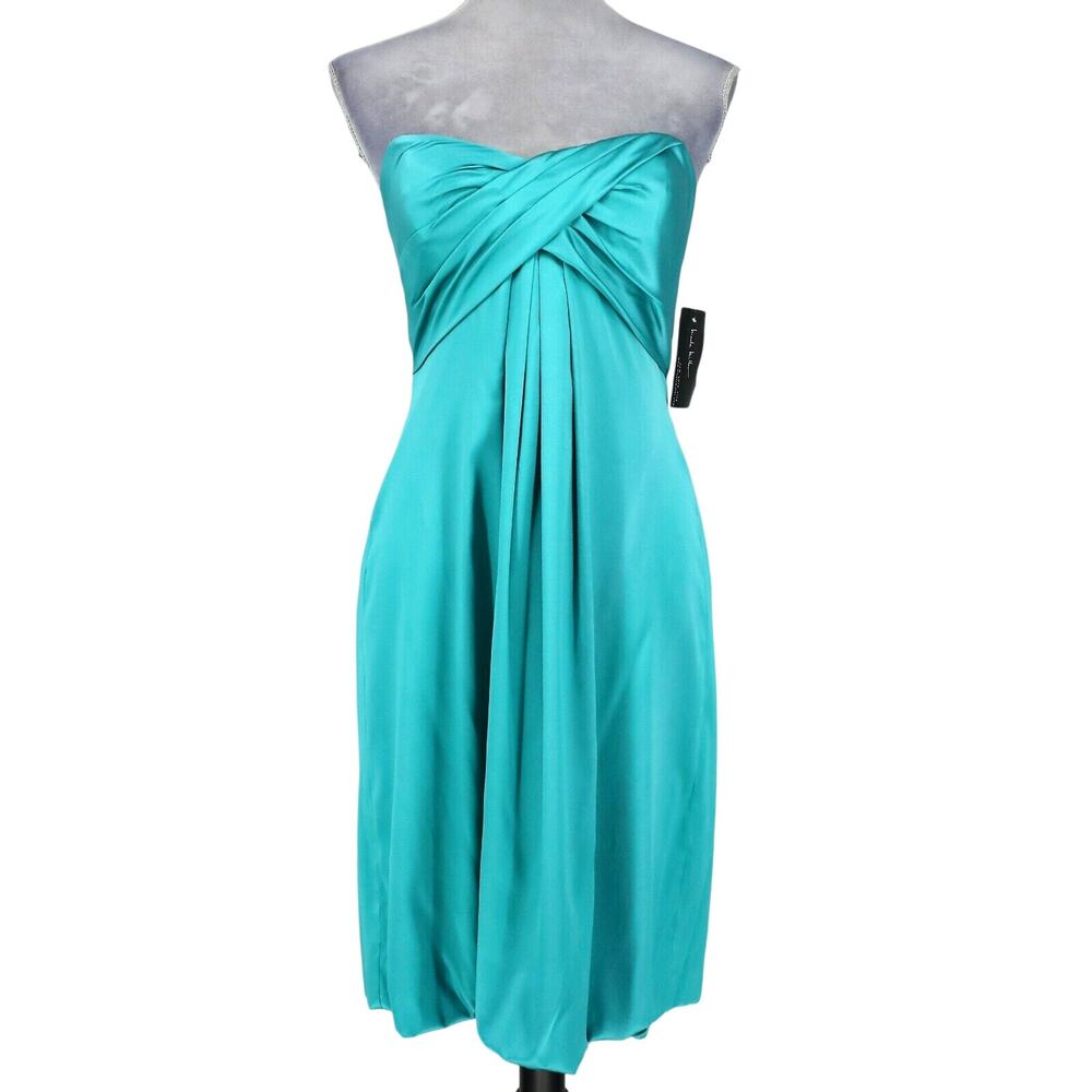 Nicole Miller Dress Womens 6 Green Satin Strapless Back Zip Lined Pleated New